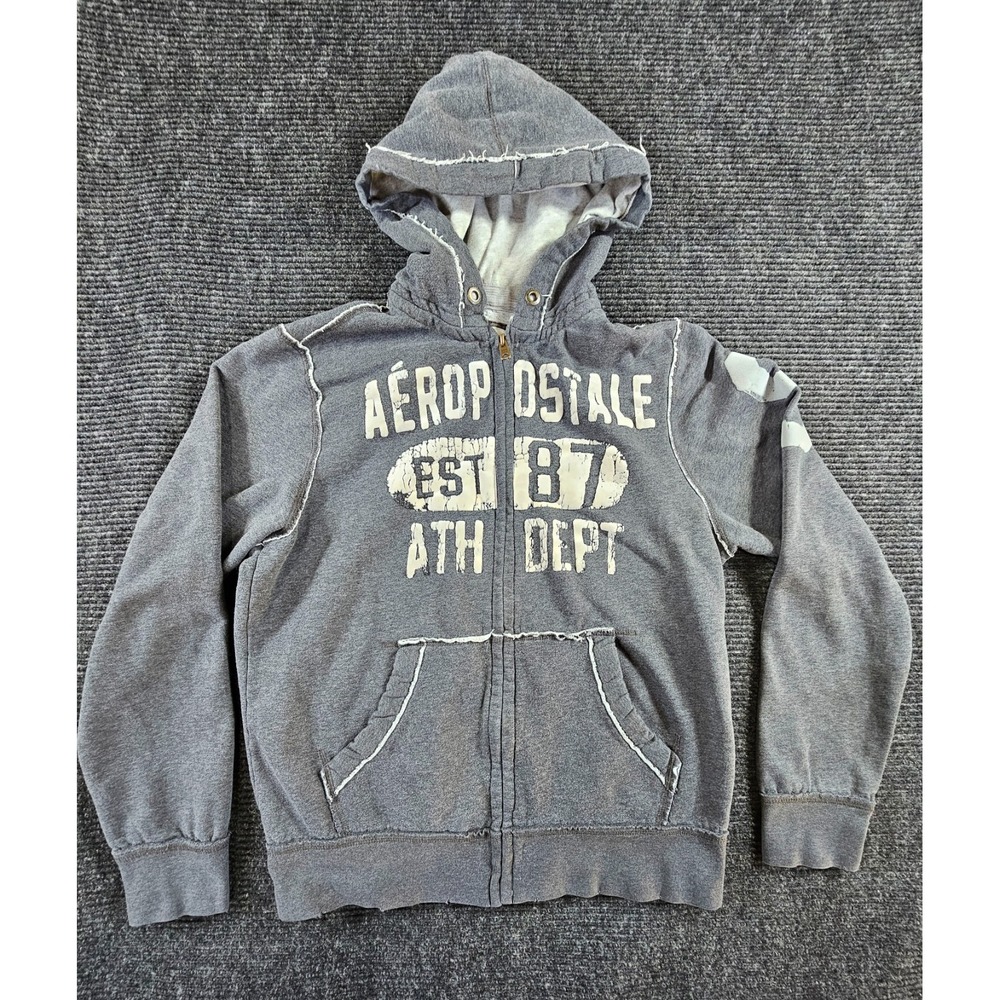 Aeropostale 87 Spellout Puff Hoodie Mens Large Gray Print Lined Full Zip